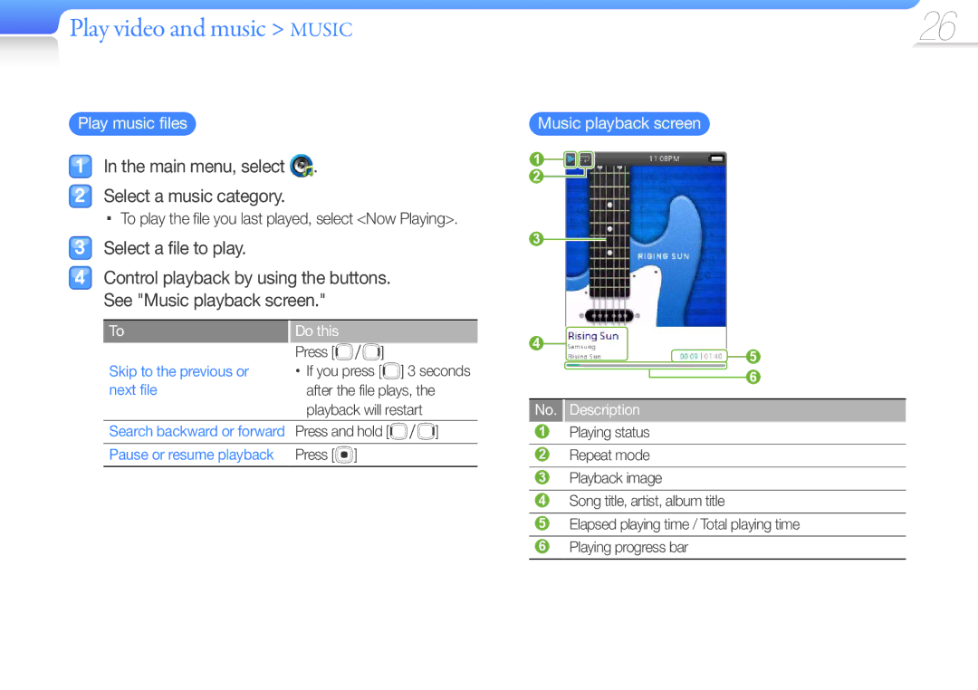 Samsung YP-R0 user manual Play music files, Music playback screen, Skip to the previous or next file 