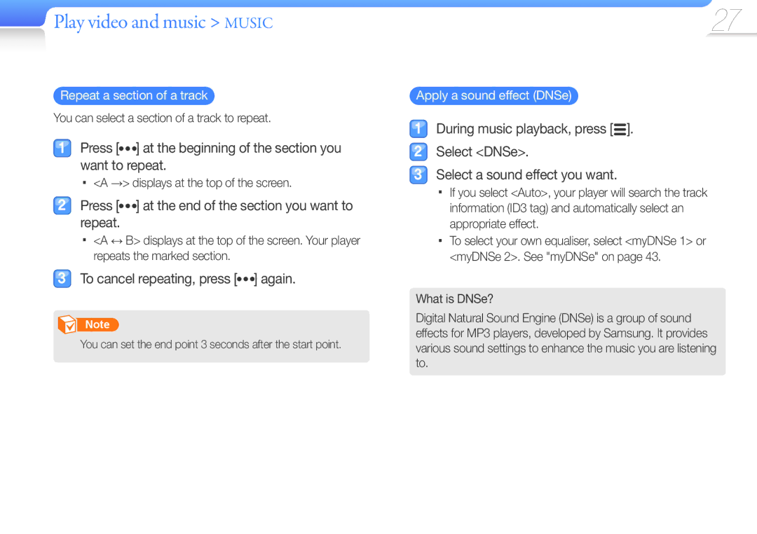 Samsung YP-R0 user manual Repeat a section of a track, Apply a sound effect DNSe 