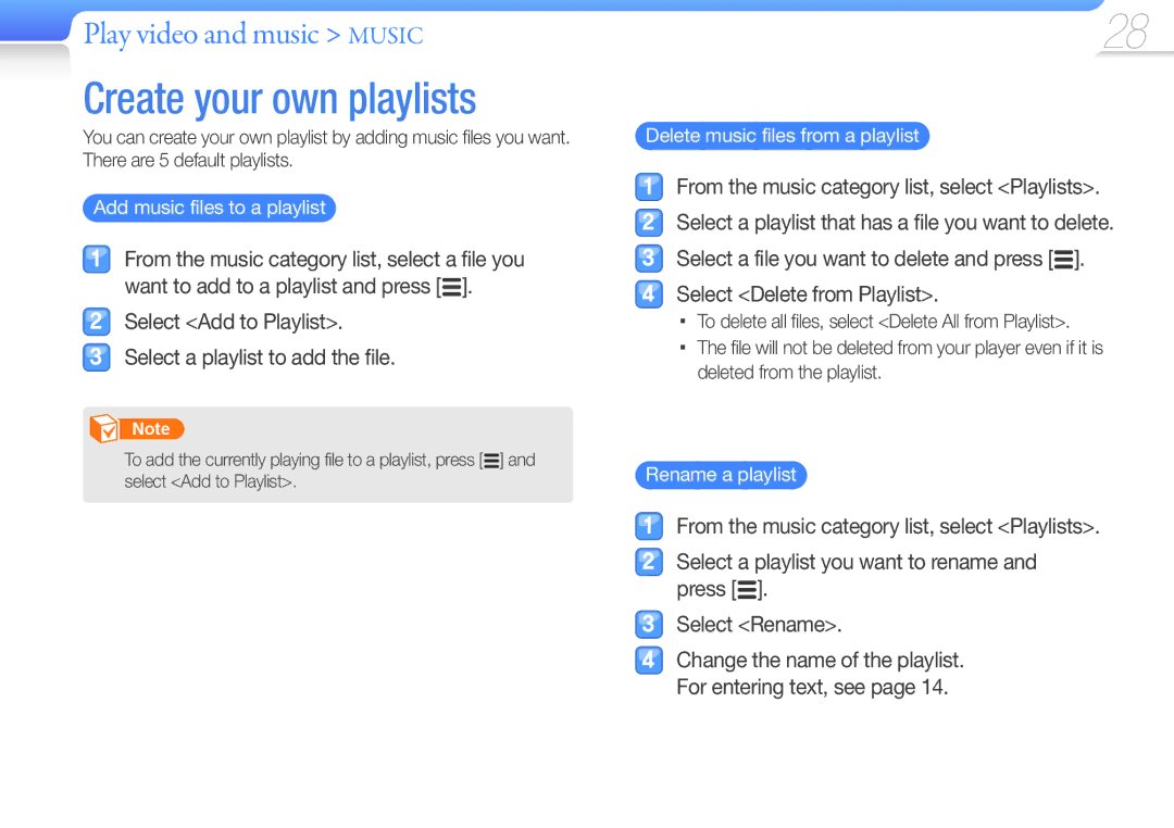 Samsung YP-R0 user manual Create your own playlists, Add music files to a playlist, Delete music files from a playlist 