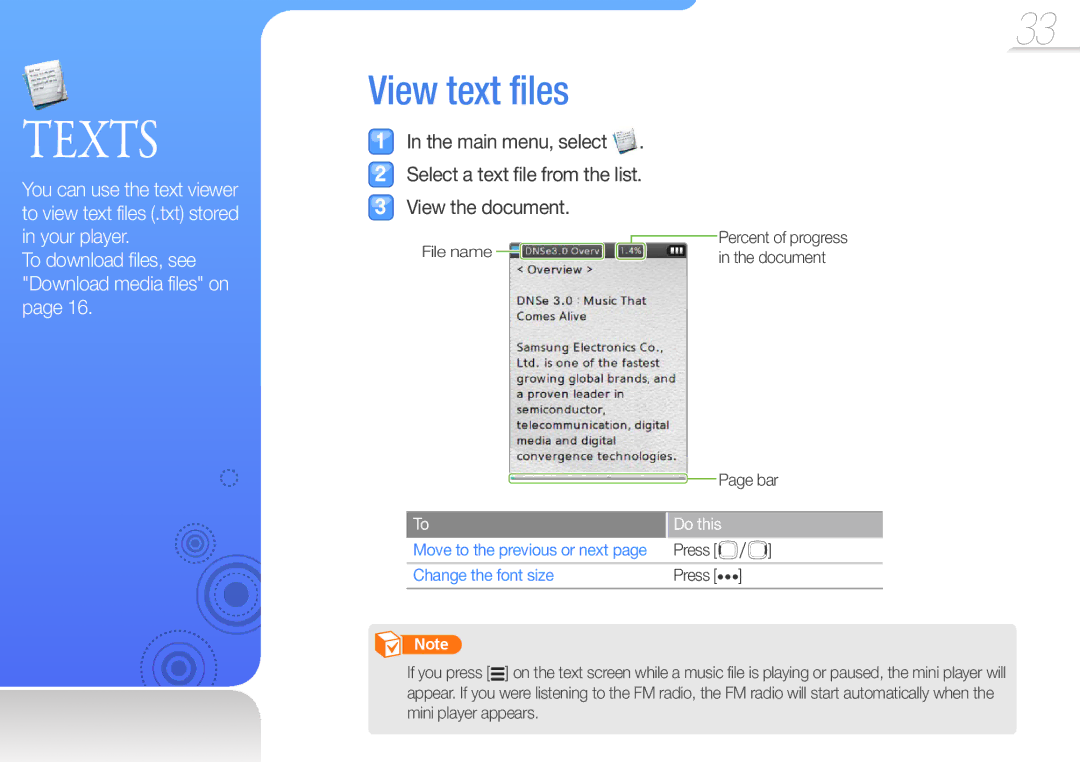 Samsung YP-R0 user manual View text files, Change the font size 