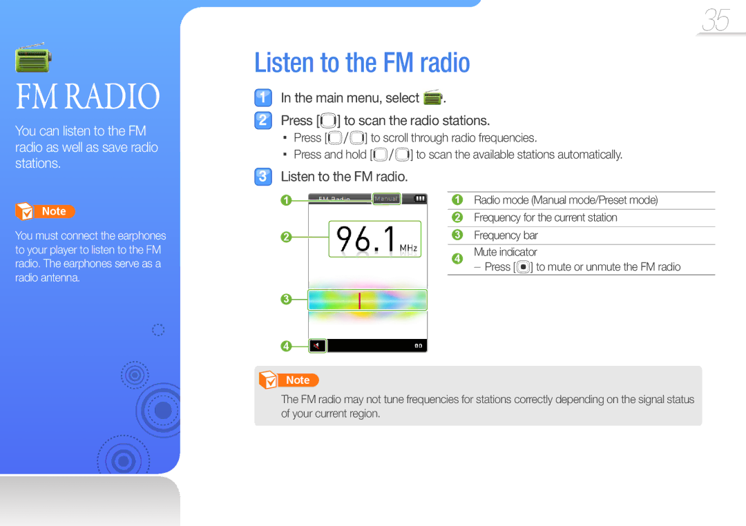 Samsung YP-R0 user manual FM Radio, Listen to the FM radio 