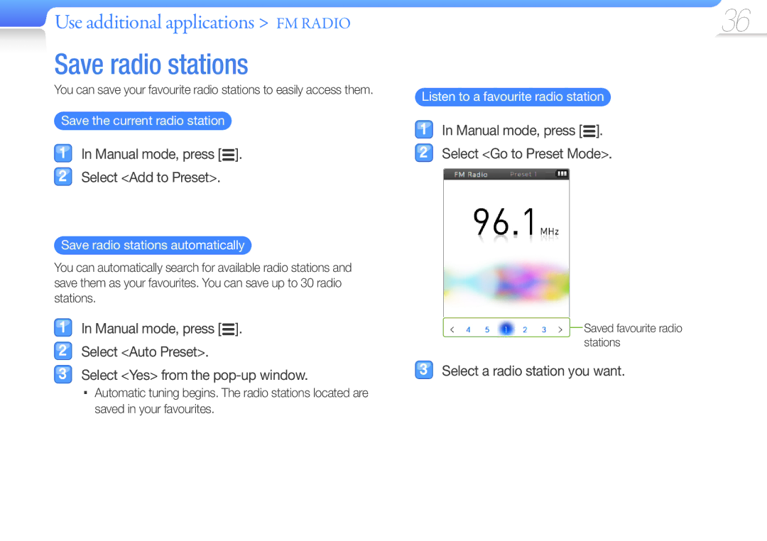 Samsung YP-R0 Save the current radio station, Save radio stations automatically, Listen to a favourite radio station 