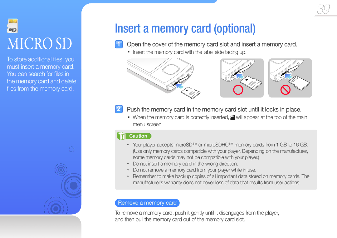 Samsung YP-R0 user manual Insert a memory card optional, Remove a memory card 