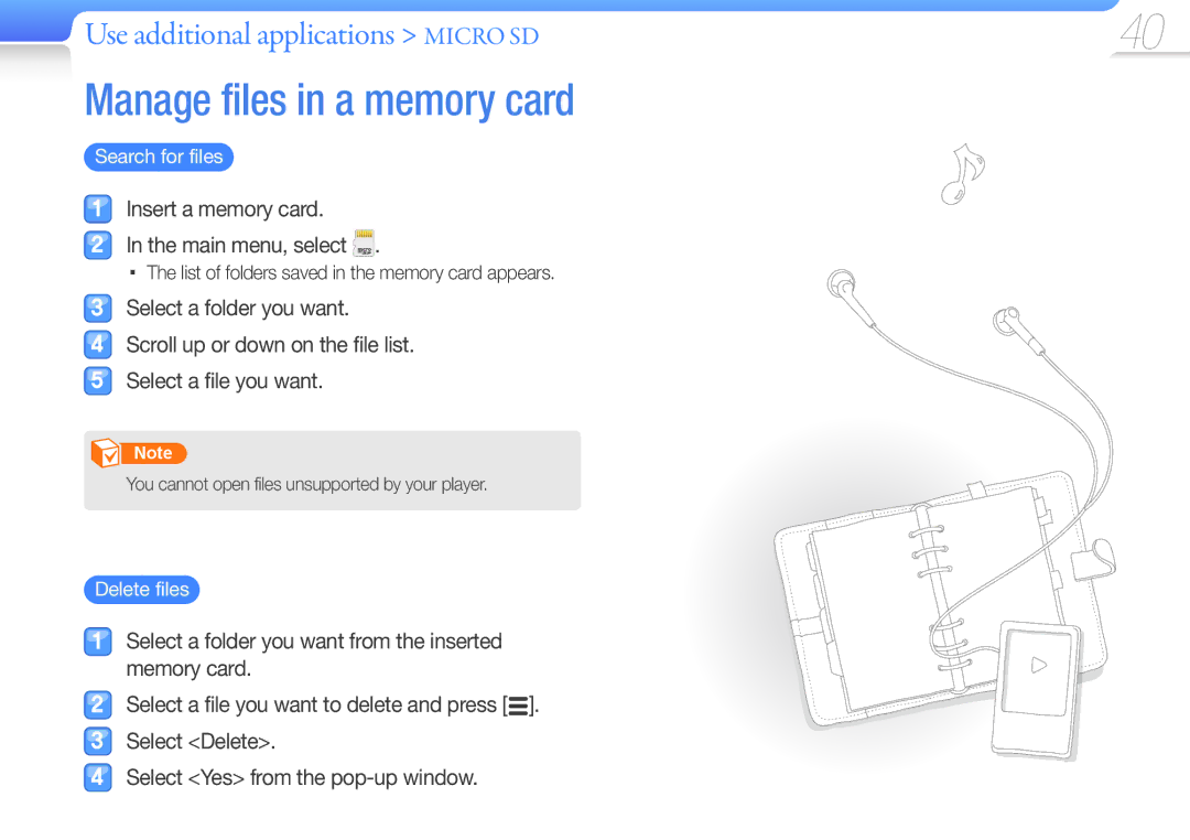 Samsung YP-R0 user manual Manage files in a memory card, Search for files 