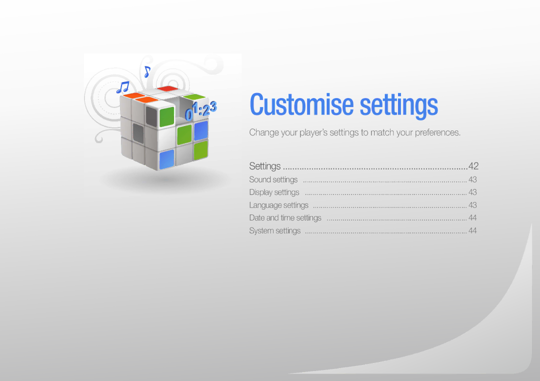 Samsung YP-R0 user manual Customise settings 