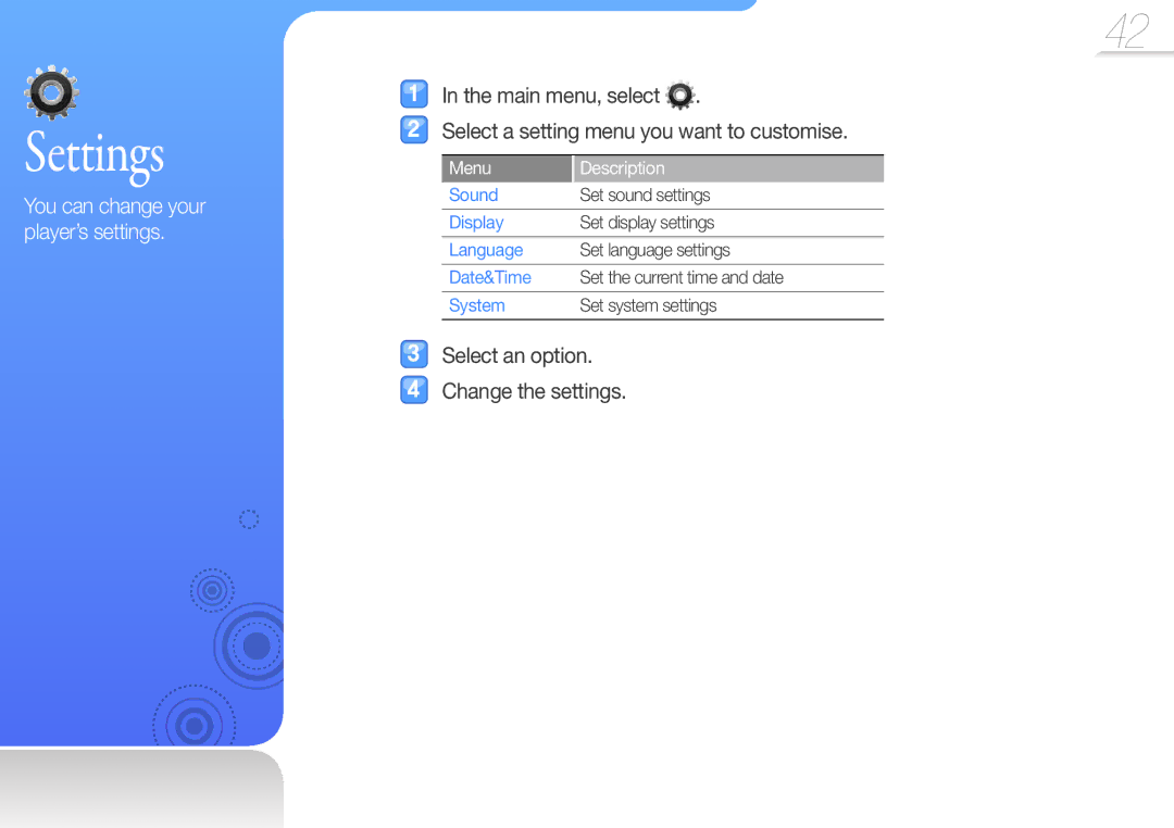 Samsung YP-R0 user manual You can change your player’s settings, Menu Description 