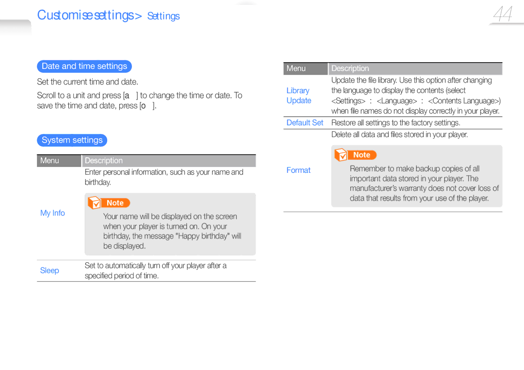 Samsung YP-R0 user manual Date and time settings, System settings 