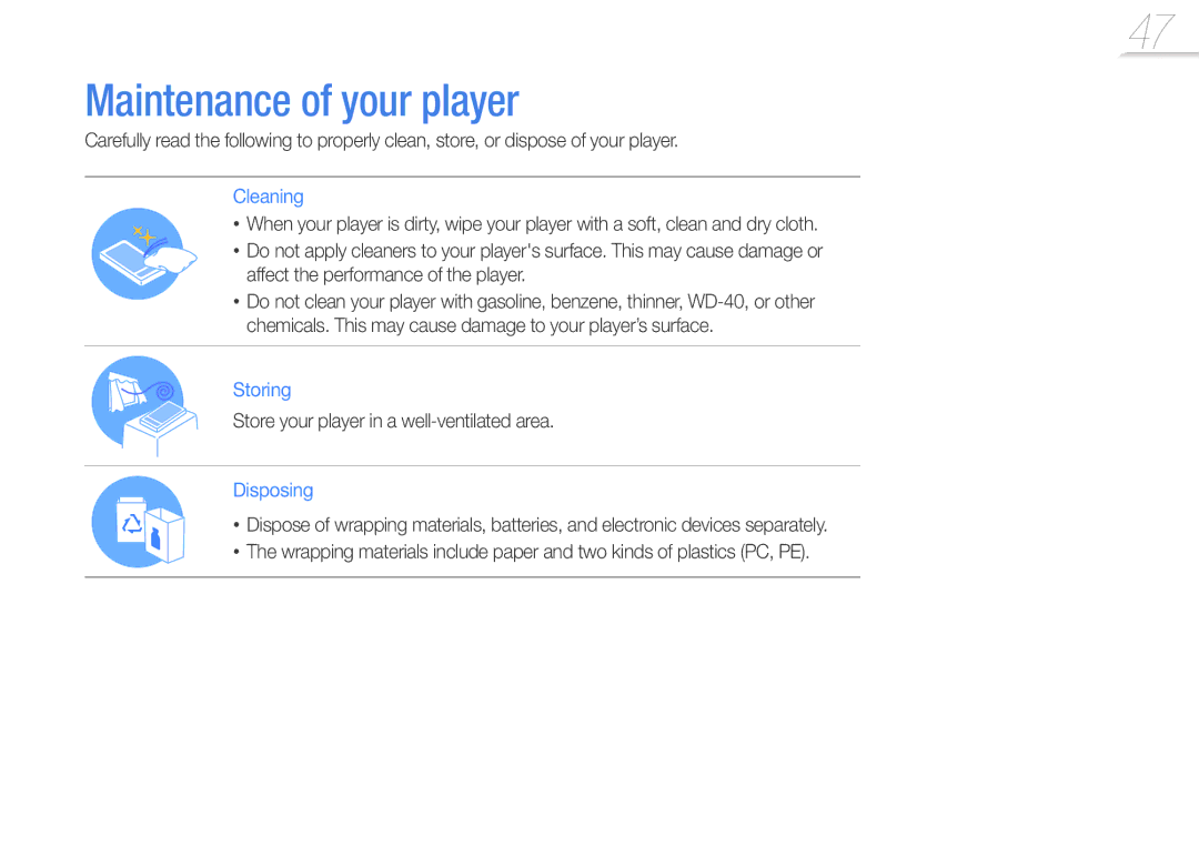 Samsung YP-R0 user manual Maintenance of your player, Cleaning 