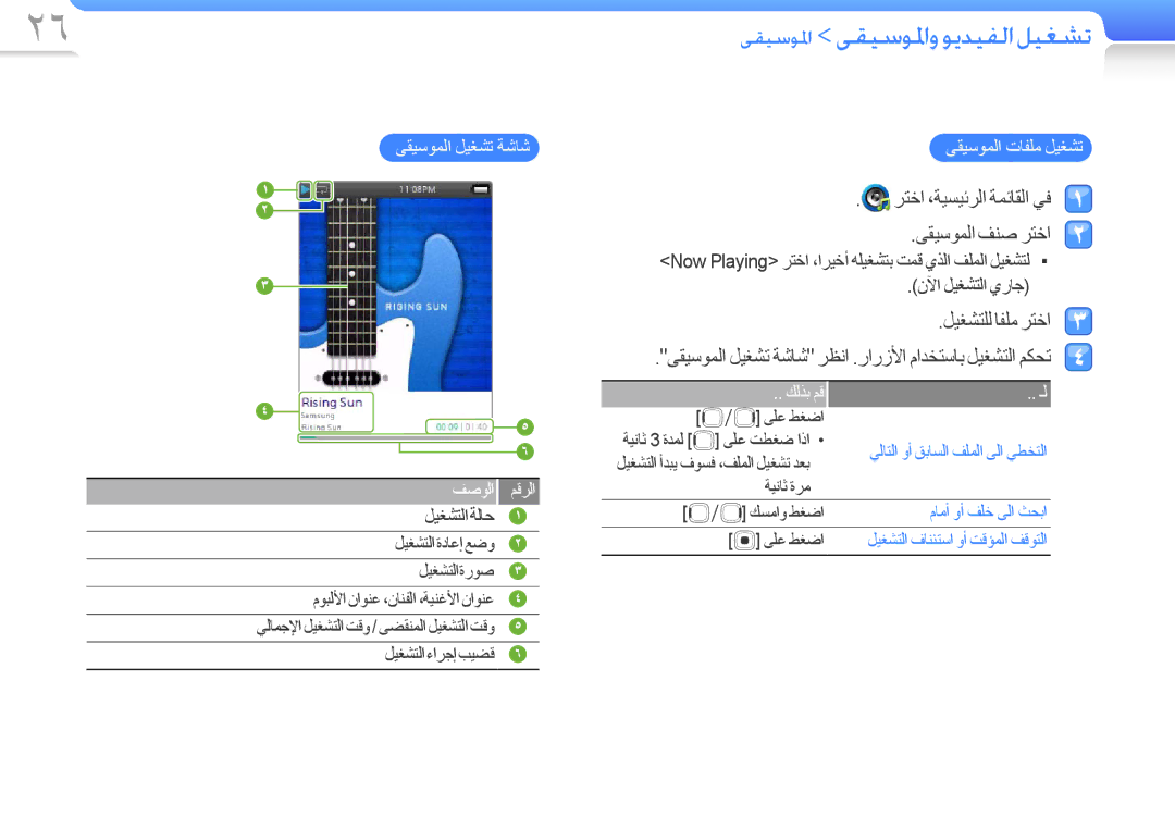 Samsung YP-R0CS/AAW, YP-R0AB/HAC, YP-R0AB/MEA, YP-R0AS/HAC manual ﻰﻘﻴﺳﻮﻤﻟﺍ ﻞﻴﻐﺸﺗ ﺔﺷﺎﺷ, ﻥﻵﺍ ﻞﻴﻐﺸﺘﻟﺍ ﻱﺭﺎﺟ, ﻰﻘﻴﺳﻮﻤﻟﺍ ﺕﺎﻔﻠﻣ ﻞﻴﻐﺸﺗ 