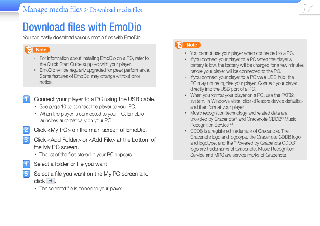 Samsung YP-R0JAB/EDC, YP-R0JCP/XEF Download files with EmoDio, You can easily download various media files with EmoDio 