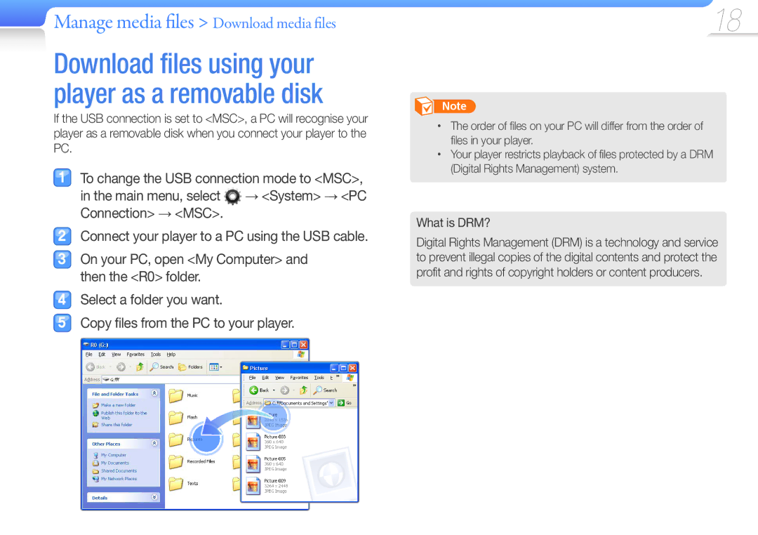 Samsung YP-R0AB/XSE, YP-R0JCP/XEF, YP-R0JCB/XEF manual Download files using your player as a removable disk, What is DRM? 