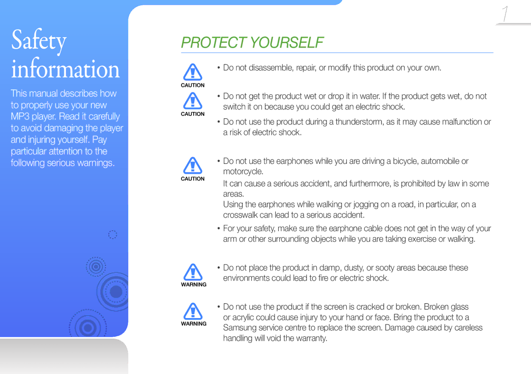 Samsung YP-R0JEB/EDC, YP-R0JCP/XEF, YP-R0JCB/XEF, YP-R0JAB/XEF, YP-R0JES/EDC, YP-R0JCS/EDC, YP-R0JCP/EDC Safety information 