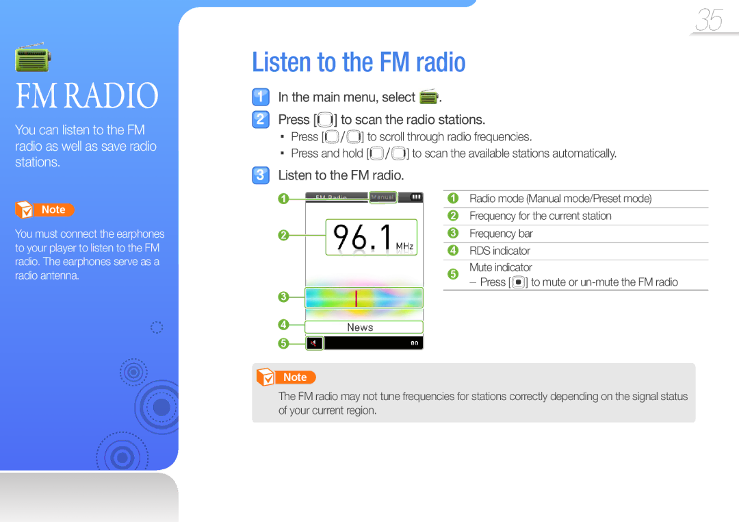 Samsung YP-R0JES/EDC, YP-R0JCP/XEF, YP-R0JCB/XEF, YP-R0JAB/XEF, YP-R0JEB/EDC, YP-R0JCS/EDC FM Radio, Listen to the FM radio 