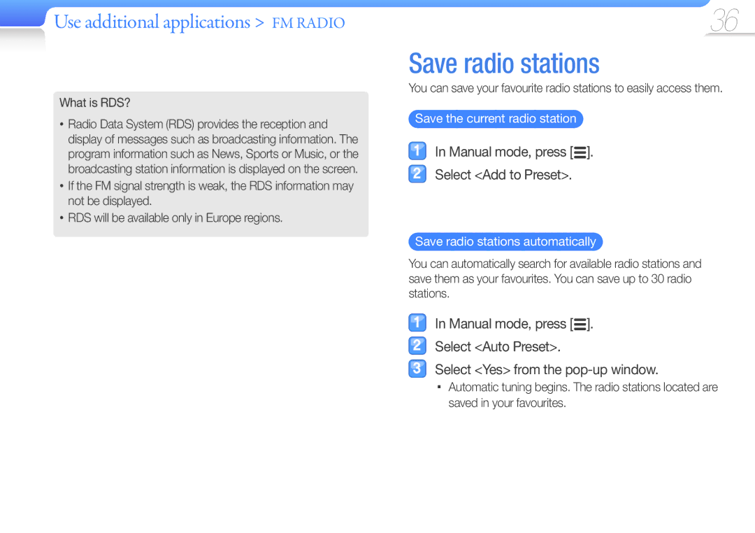 Samsung YP-R0JCS/EDC, YP-R0JCP/XEF What is RDS?, Save the current radio station, Save radio stations automatically 