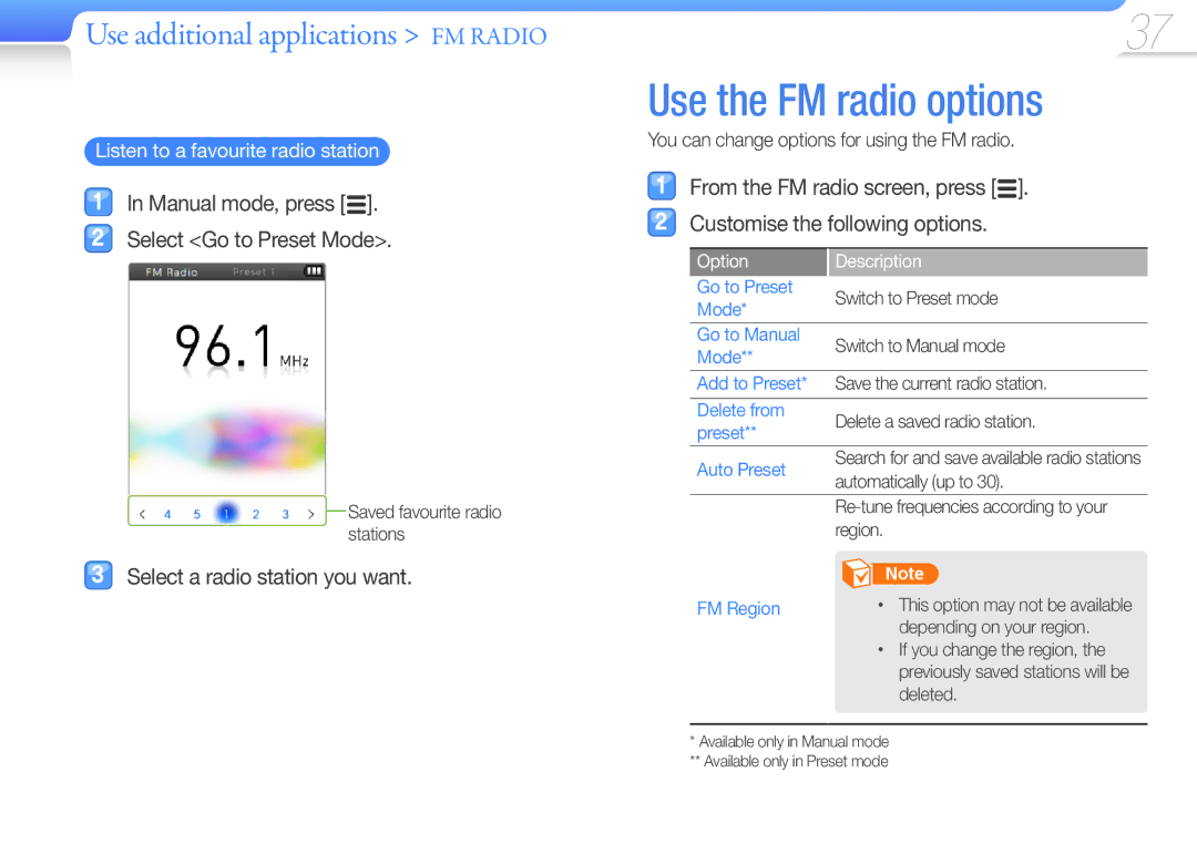 Samsung YP-R0JCP/EDC, YP-R0JCP/XEF, YP-R0JCB/XEF, YP-R0JAB/XEF Use the FM radio options, Listen to a favourite radio station 