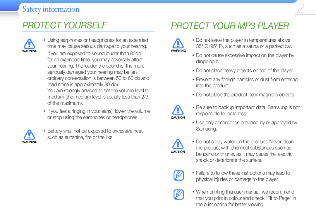 Samsung YP-R0JES/EDC, YP-R0JCP/XEF, YP-R0JCB/XEF Protect Your MP3 Player, Using earphones or headphones for an extended 