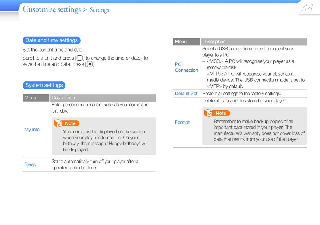 Samsung YP-R0JAB/XEF, YP-R0JCP/XEF, YP-R0JCB/XEF manual Date and time settings, System settings, My Info, Sleep, Format 