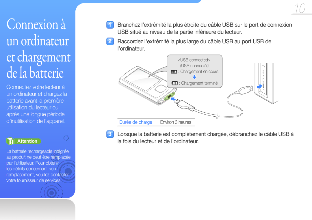 Samsung YP-R0JCP/XEF, YP-R0JCB/XEF, YP-R0JAB/XEF Connexion à un ordinateur et chargement de la batterie, Durée de charge 