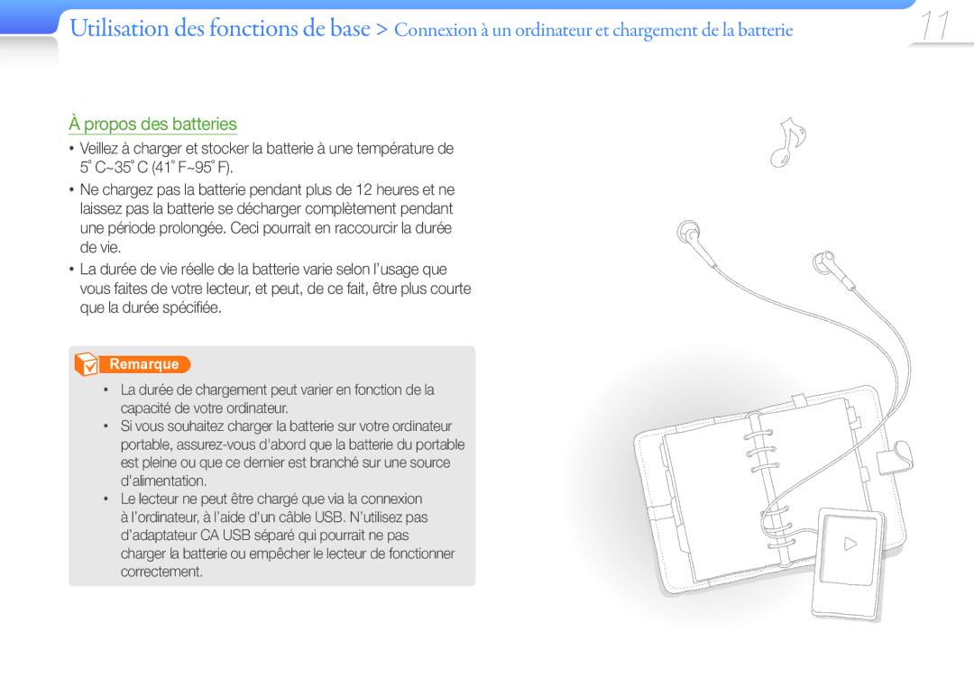 Samsung YP-R0JCB/XEF, YP-R0JCP/XEF, YP-R0JAB/XEF manual Propos des batteries 