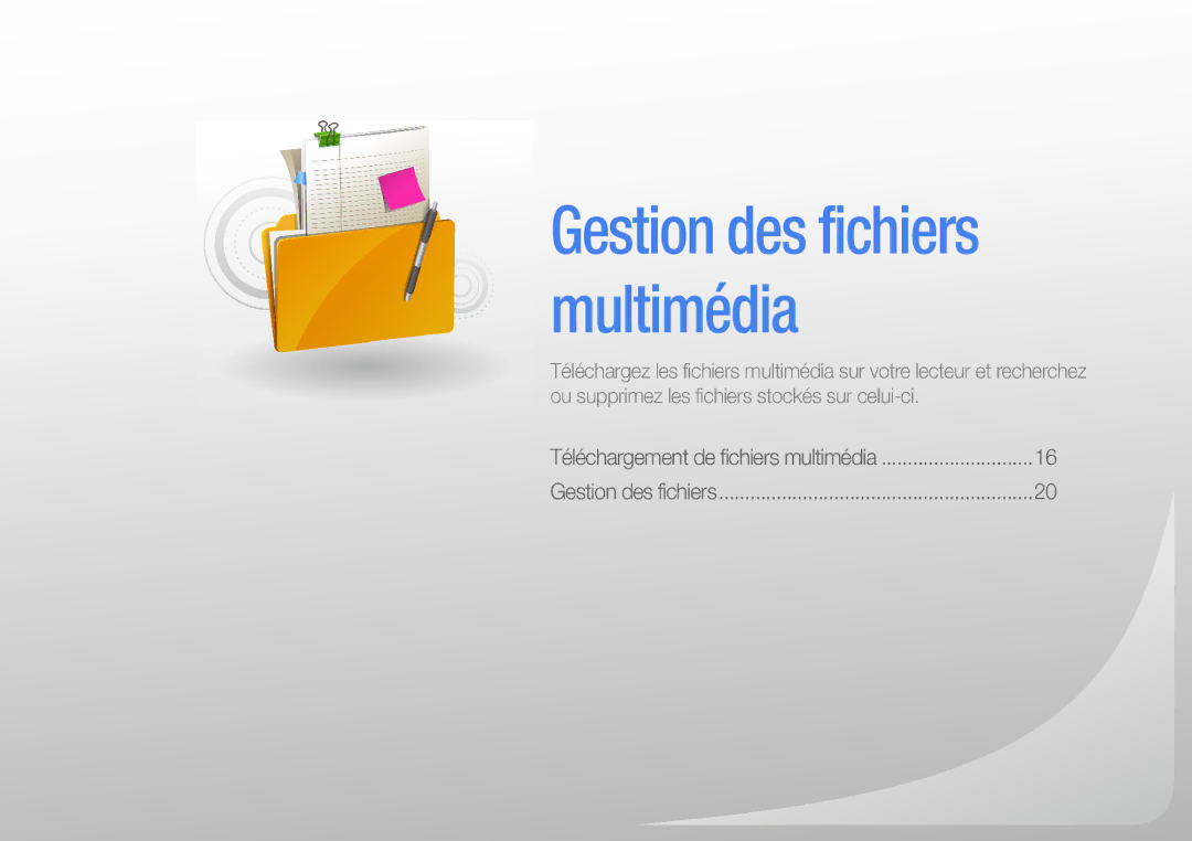 Samsung YP-R0JAB/XEF, YP-R0JCP/XEF, YP-R0JCB/XEF manual Gestion des fichiers multimédia 