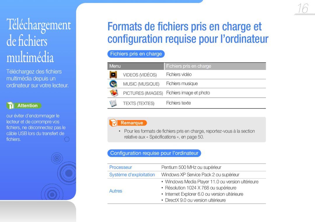 Samsung YP-R0JCP/XEF manual Configuration requise pour l’ordinateur, Menu Fichiers pris en charge, Processeur, Autres 