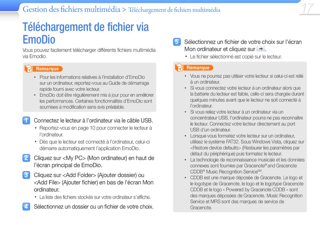 Samsung YP-R0JCB/XEF manual Téléchargement de fichier via EmoDio, Connectez le lecteur à l’ordinateur via le câble USB 