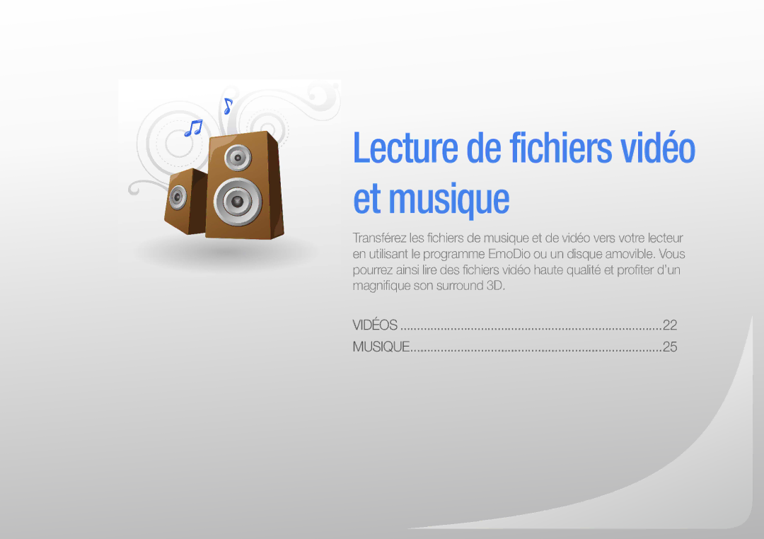 Samsung YP-R0JAB/XEF, YP-R0JCP/XEF, YP-R0JCB/XEF manual Lecture de fichiers vidéo et musique 