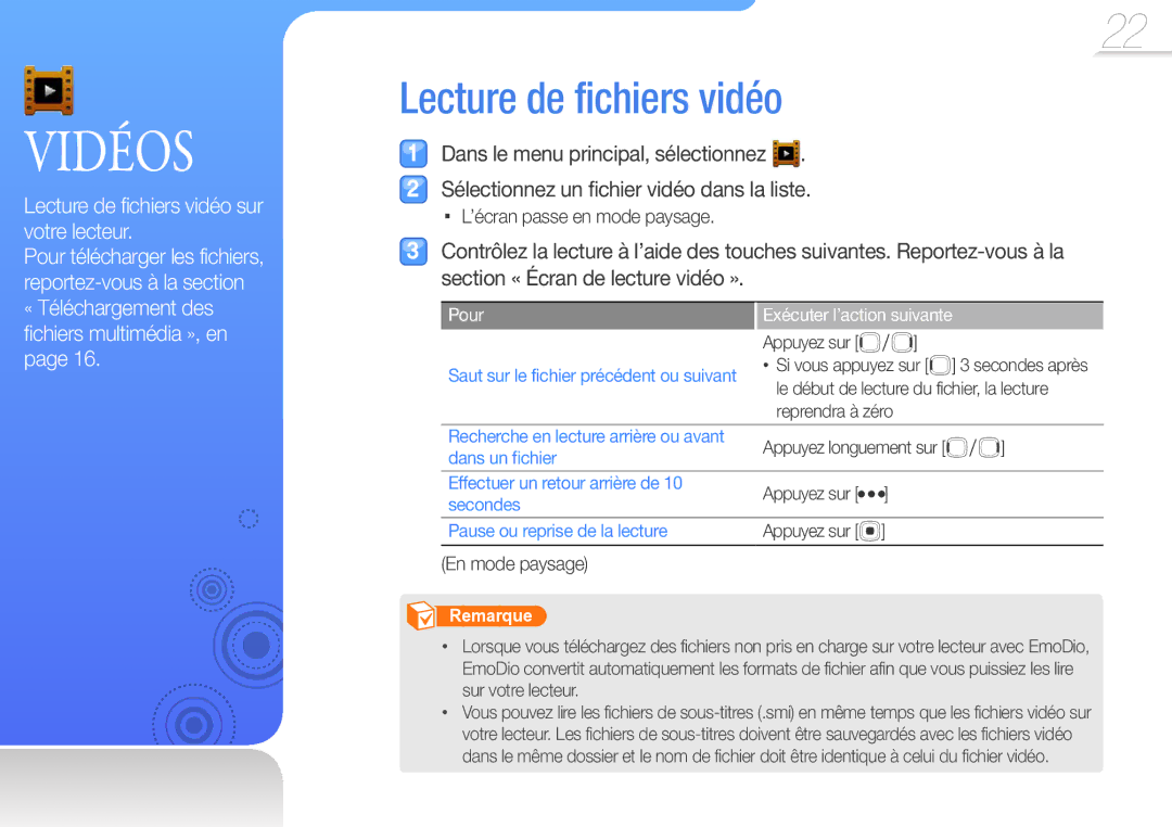 Samsung YP-R0JCP/XEF, YP-R0JCB/XEF Lecture de fichiers vidéo, Pour télécharger les fichiers, reportez-vous à la section 