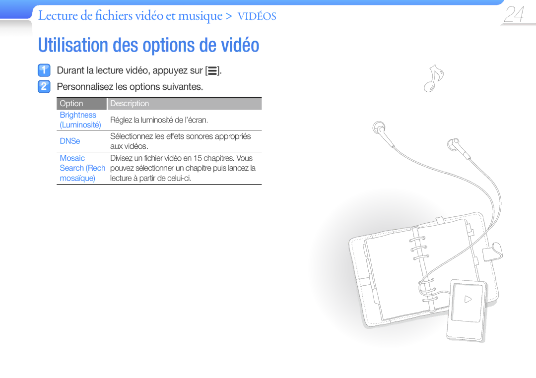 Samsung YP-R0JAB/XEF, YP-R0JCP/XEF, YP-R0JCB/XEF manual Utilisation des options de vidéo, Option Description 