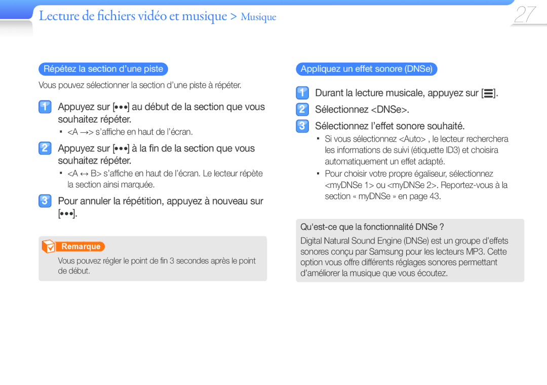 Samsung YP-R0JAB/XEF, YP-R0JCP/XEF, YP-R0JCB/XEF manual Répétez la section d’une piste, Appliquez un effet sonore DNSe 