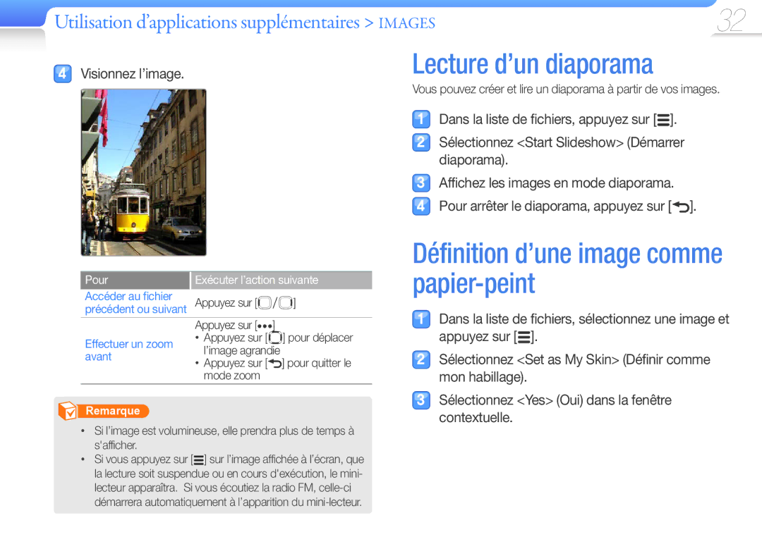 Samsung YP-R0JCB/XEF Lecture d’un diaporama, Définition d’une image comme papier-peint, Pour Exécuter l’action suivante 