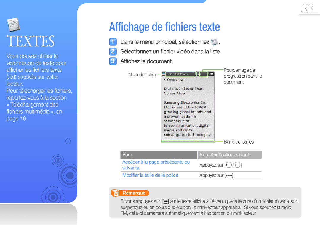 Samsung YP-R0JAB/XEF, YP-R0JCP/XEF manual Affichage de fichiers texte, Accéder à la page précédente ou Suivante, Appuyez sur 