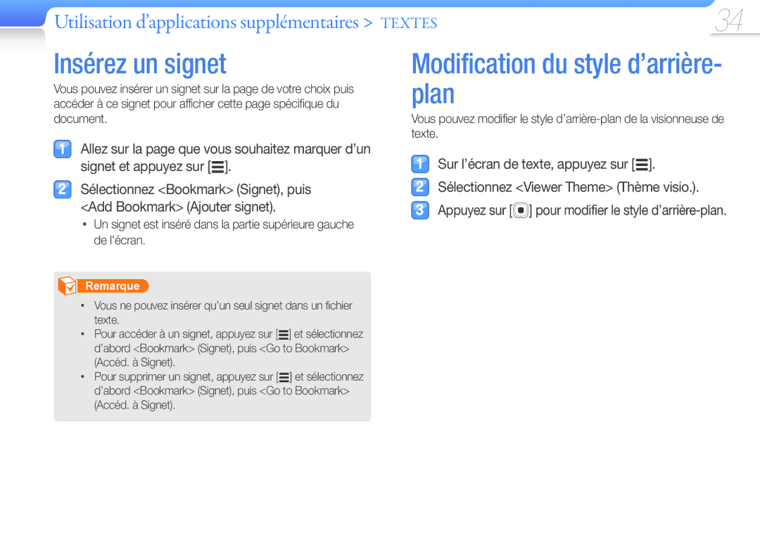 Samsung YP-R0JCP/XEF, YP-R0JCB/XEF, YP-R0JAB/XEF manual Insérez un signet, Modification du style d’arrière- plan 