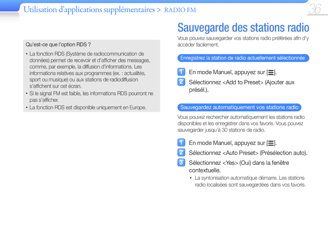 Samsung YP-R0JAB/XEF Utilisation d’applications supplémentaires Radio FM, Sauvegardez automatiquement vos stations radio 