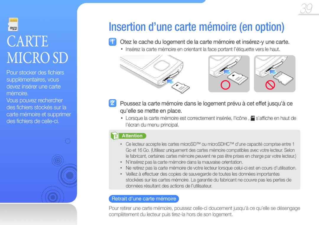 Samsung YP-R0JAB/XEF, YP-R0JCP/XEF, YP-R0JCB/XEF manual Carte Micro SD, Retrait d’une carte mémoire 