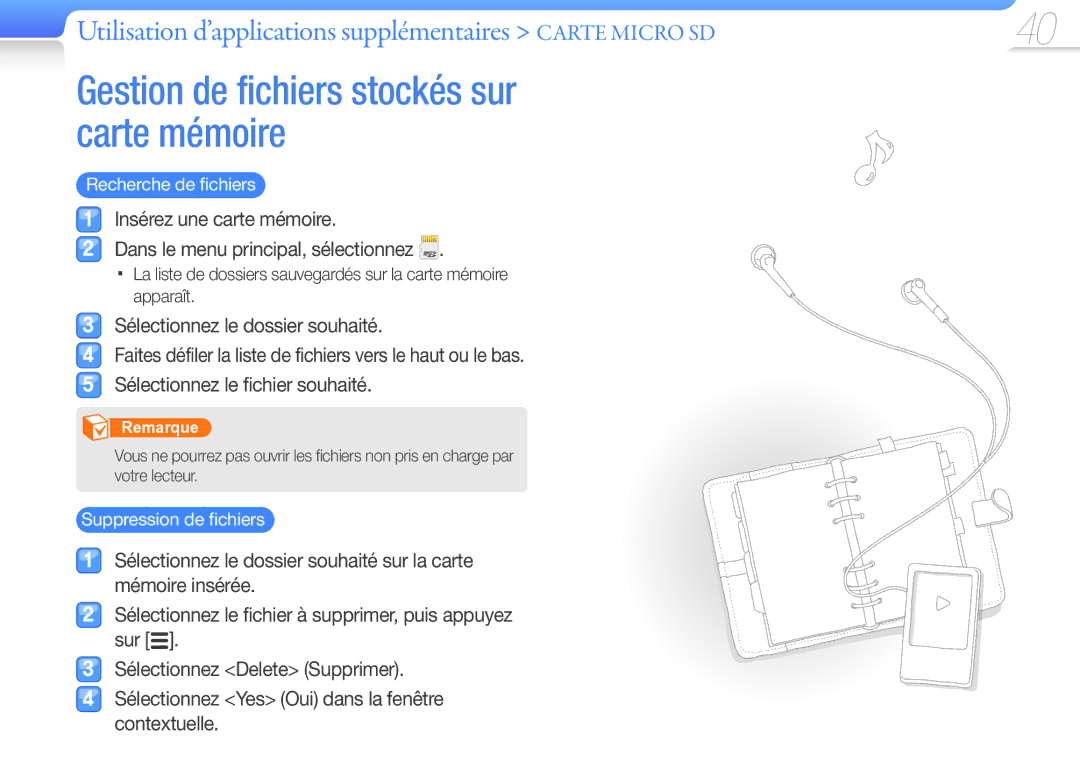 Samsung YP-R0JCP/XEF, YP-R0JCB/XEF, YP-R0JAB/XEF manual Gestion de fichiers stockés sur carte mémoire 