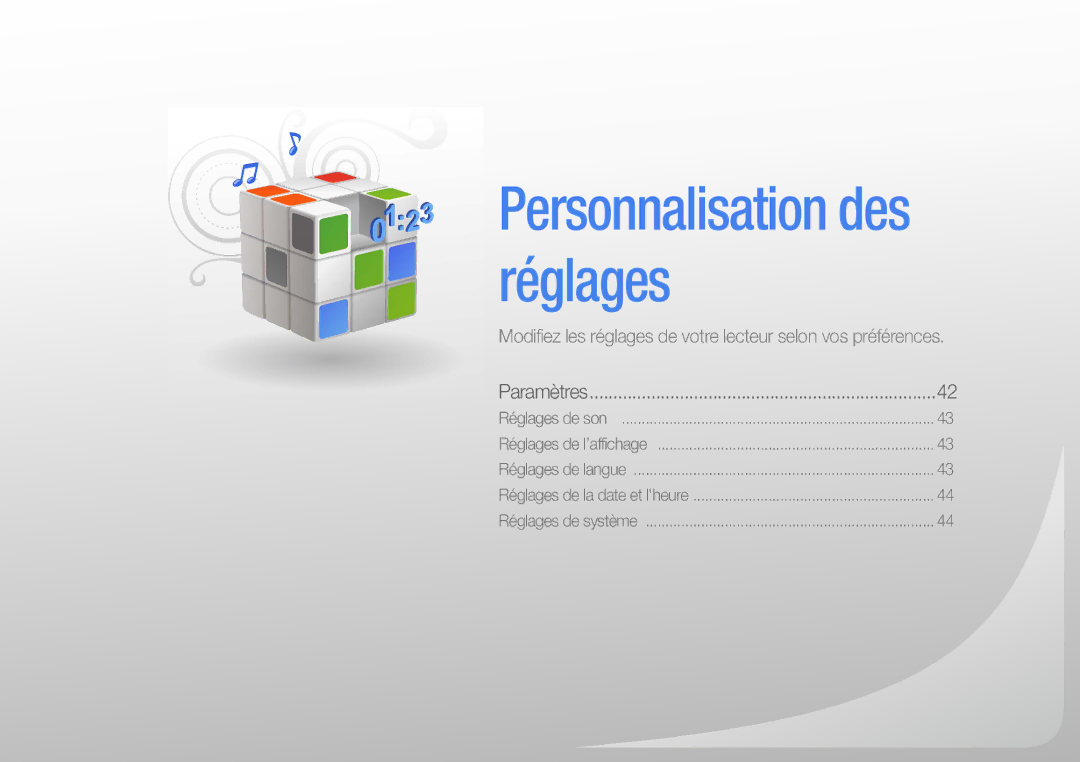 Samsung YP-R0JCB/XEF, YP-R0JCP/XEF, YP-R0JAB/XEF manual Personnalisation des réglages 