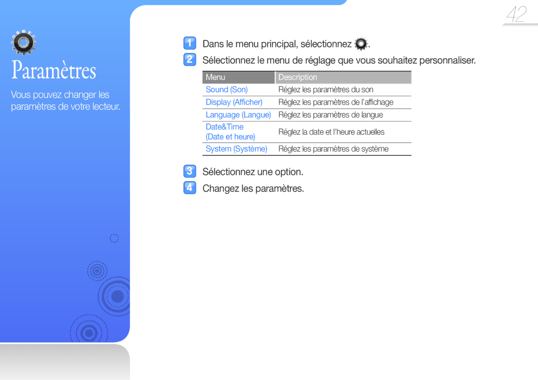 Samsung YP-R0JAB/XEF, YP-R0JCP/XEF, YP-R0JCB/XEF manual Vous pouvez changer les paramètres de votre lecteur, Menu Description 