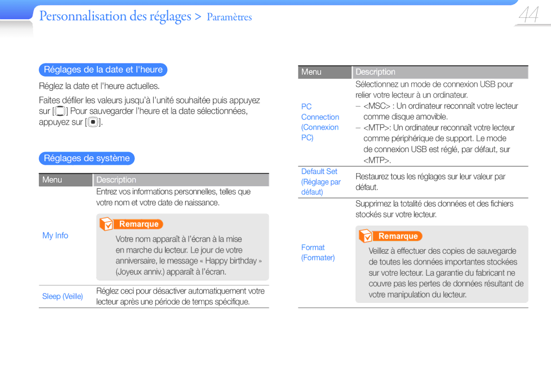Samsung YP-R0JCB/XEF, YP-R0JCP/XEF, YP-R0JAB/XEF manual Réglages de la date et lheure, Réglages de système, My Info 
