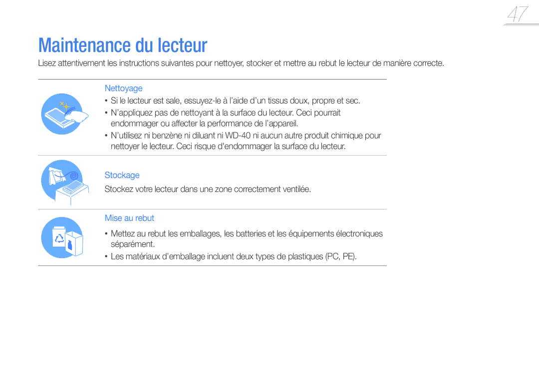 Samsung YP-R0JCB/XEF, YP-R0JCP/XEF, YP-R0JAB/XEF manual Maintenance du lecteur, Nettoyage 