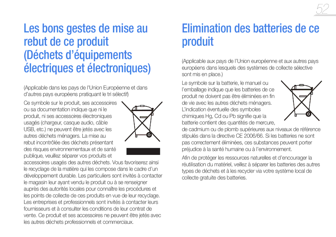 Samsung YP-R0JCP/XEF, YP-R0JCB/XEF, YP-R0JAB/XEF manual Elimination des batteries de ce produit 