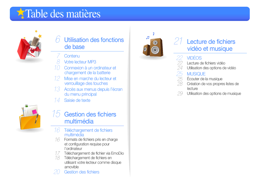 Samsung YP-R0JCP/XEF, YP-R0JCB/XEF manual Table des matières, Lecture de fichiers vidéo Utilisation des options de vidéo 