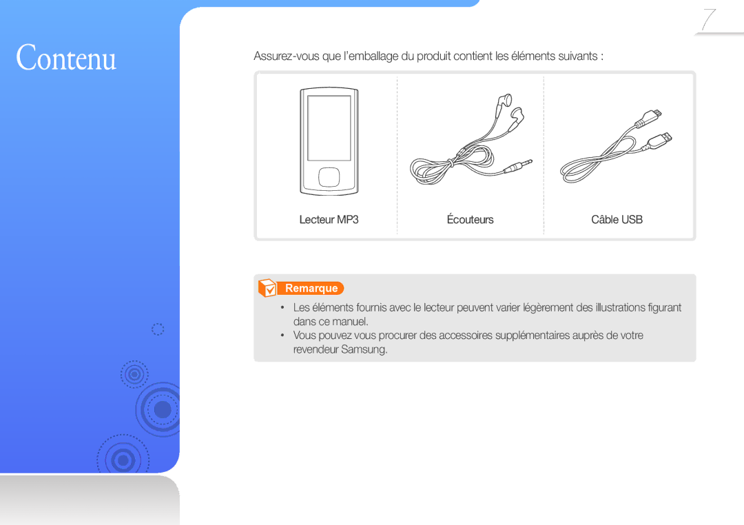 Samsung YP-R0JCP/XEF, YP-R0JCB/XEF, YP-R0JAB/XEF manual Lecteur MP3, Écouteurs Câble USB 