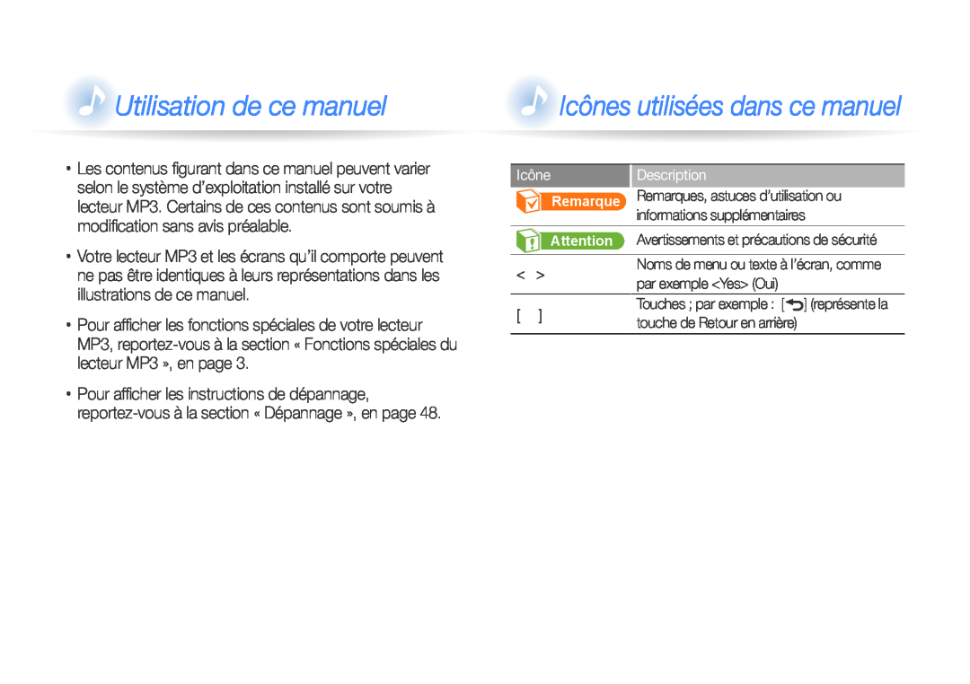 Samsung YP-R0JAB/XEF Utilisation de ce manuel, Icônes utilisées dans ce manuel, Description, par exemple Yes Oui, Remarque 