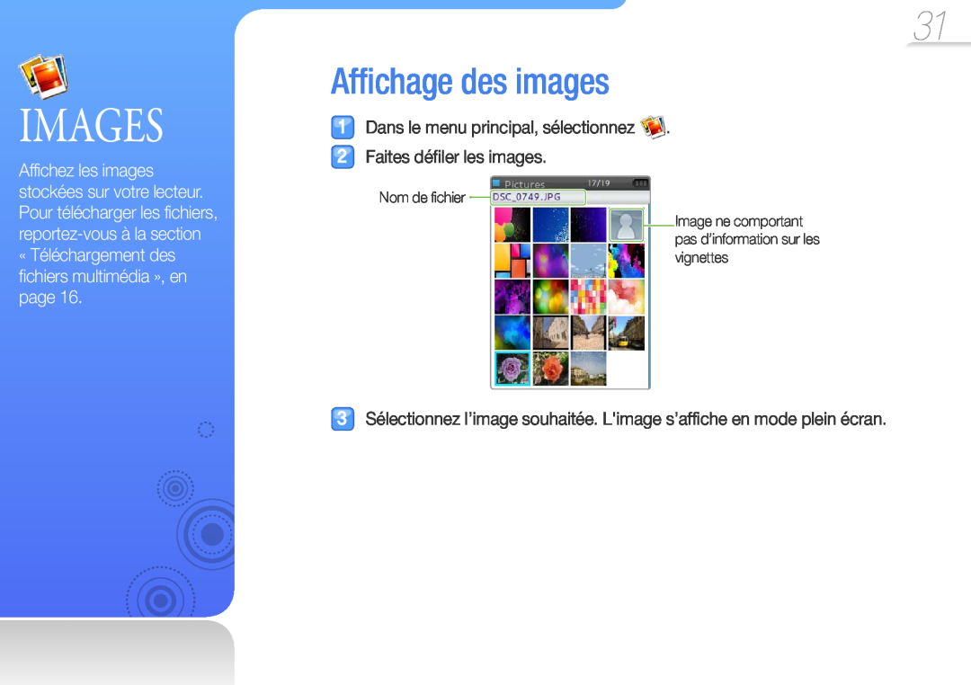Samsung YP-R0JCP/XEF manual Images, Affichage des images, Dans le menu principal, sélectionnez Faites défiler les images 