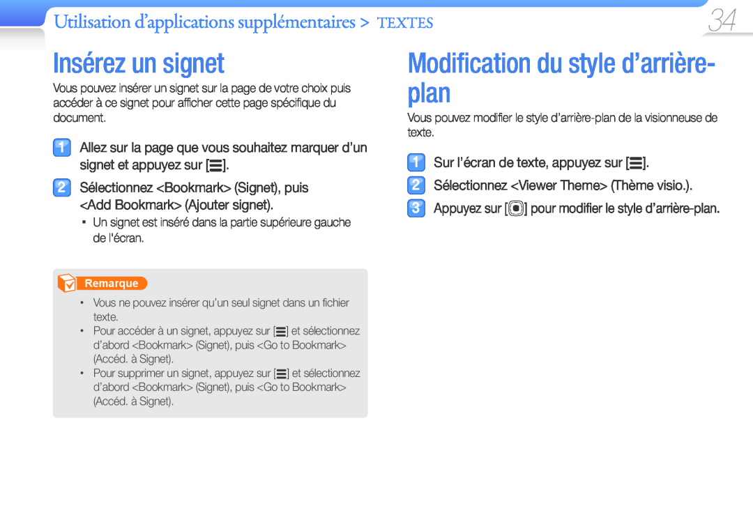 Samsung YP-R0JCP/XEF manual Insérez un signet, Modification du style d’arrière- plan, Sur l’écran de texte, appuyez sur 