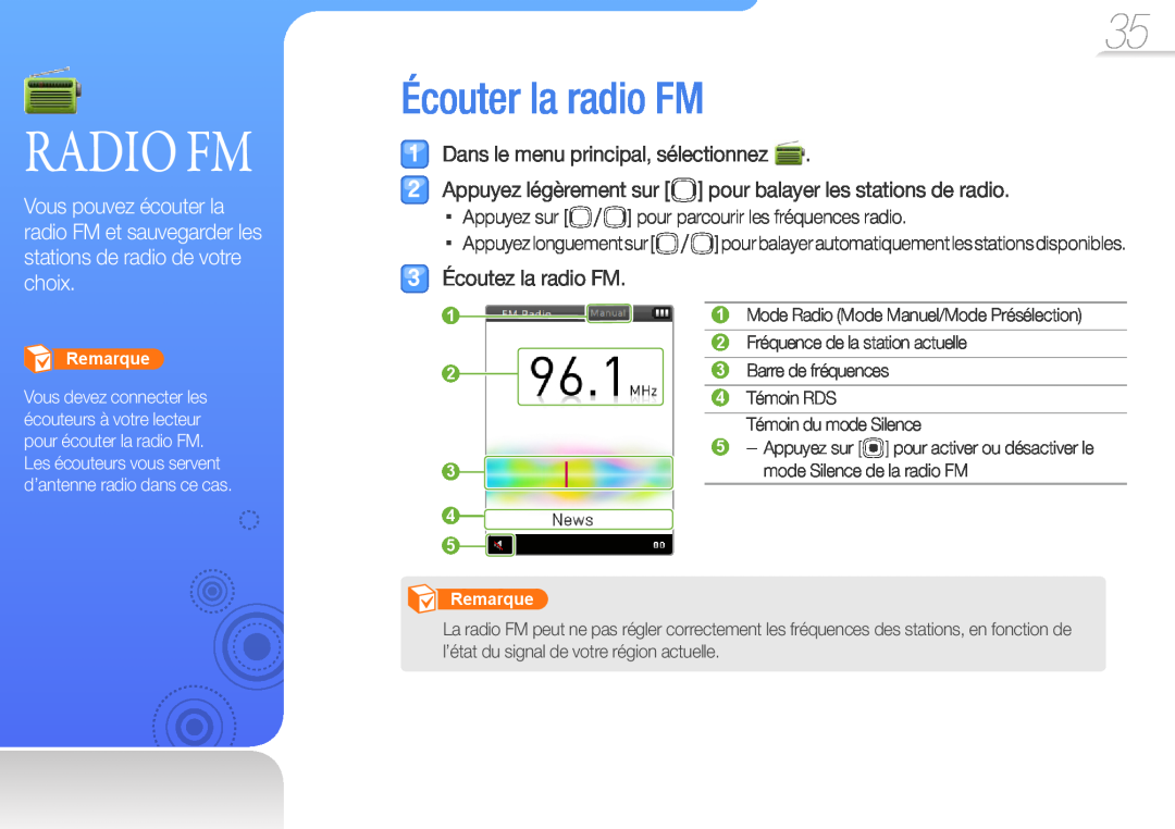 Samsung YP-R0JCB/XEF Radio Fm, Écouter la radio FM, Appuyez légèrement sur b pour balayer les stations de radio, Remarque 