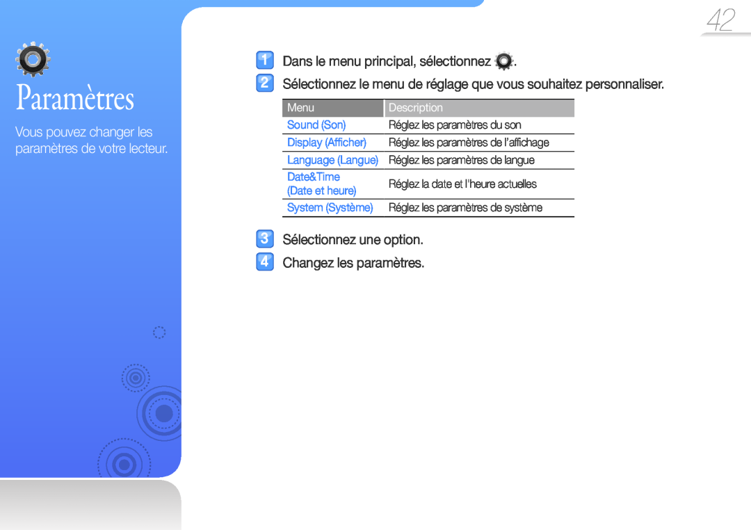 Samsung YP-R0JAB/XEF manual Paramètres, Sélectionnez le menu de réglage que vous souhaitez personnaliser, Menu, Description 