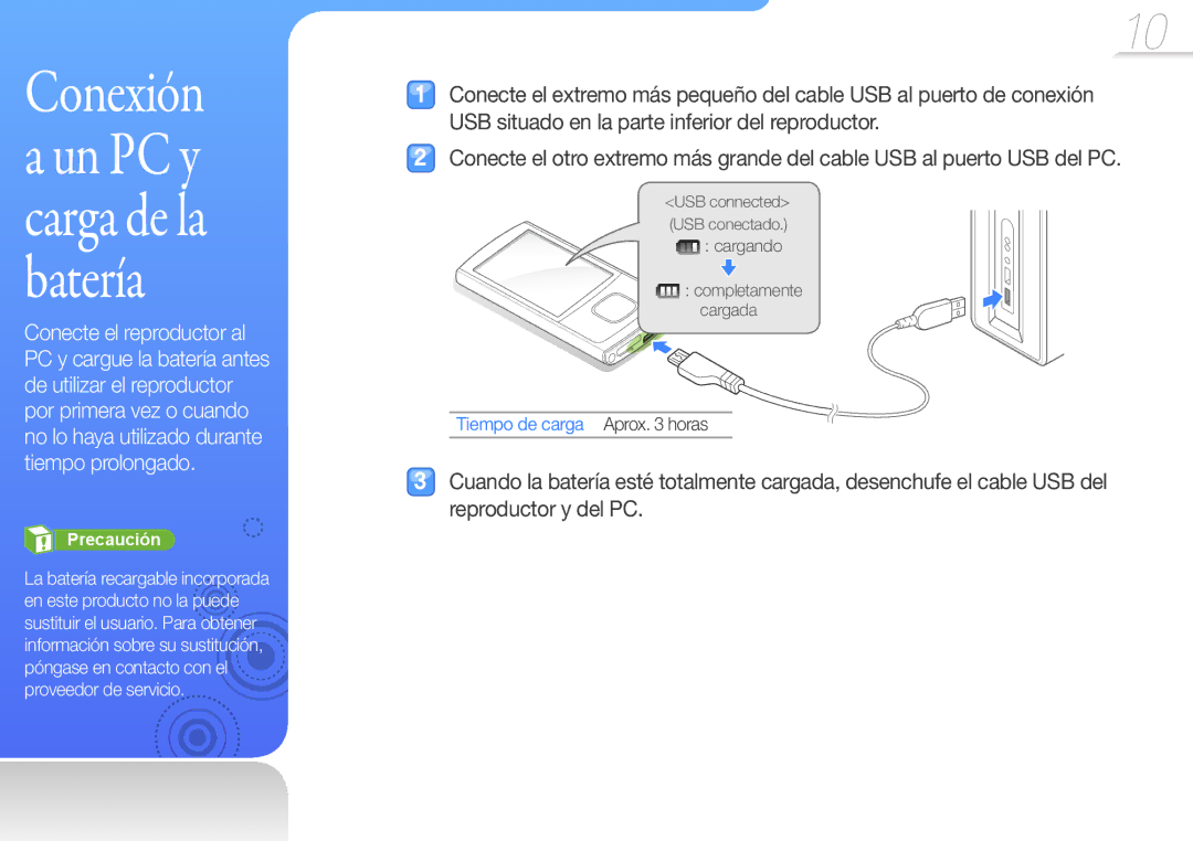 Samsung YP-R0JEB/EDC, YP-R0JCP/EDC, YP-R0JCB/EDC manual Conexión a un PC y carga de la batería, Tiempo de carga Aprox horas 