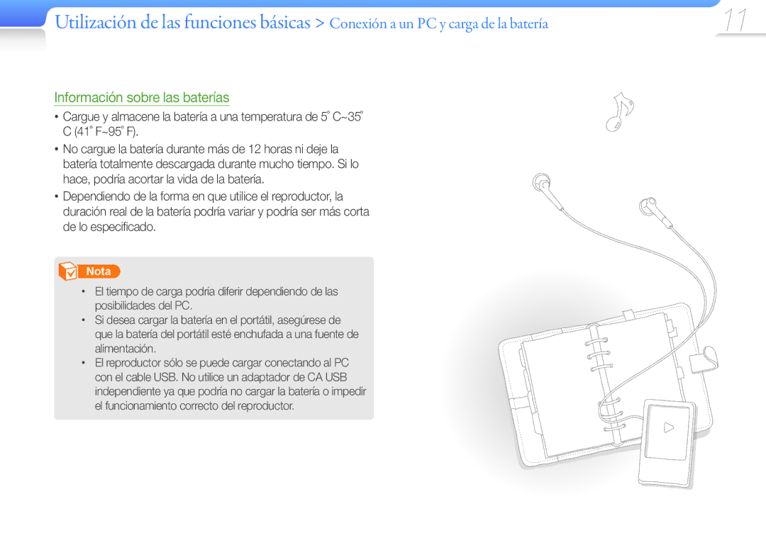 Samsung YP-R0JCP/EDC, YP-R0JEB/EDC, YP-R0JCB/EDC, YP-R0JAB/EDC, YP-R0AB/XSE, YP-R0JEP/EDC manual Información sobre las baterías 